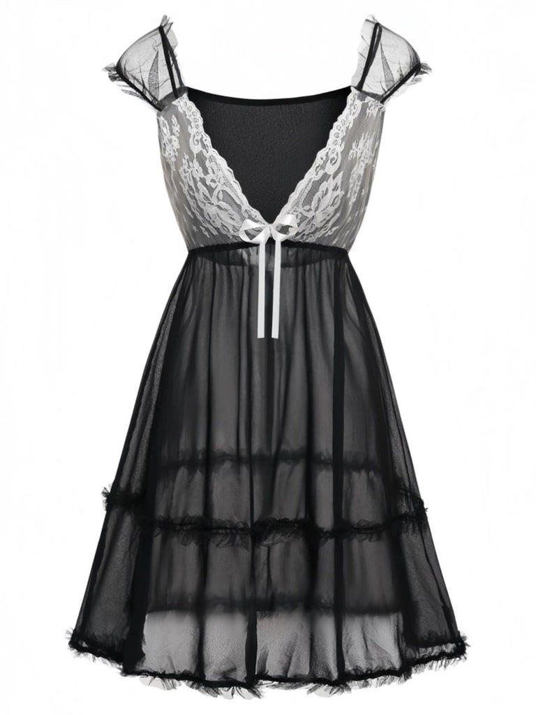Schwarzes 70er Babydoll-Nachthemd mit Spitze