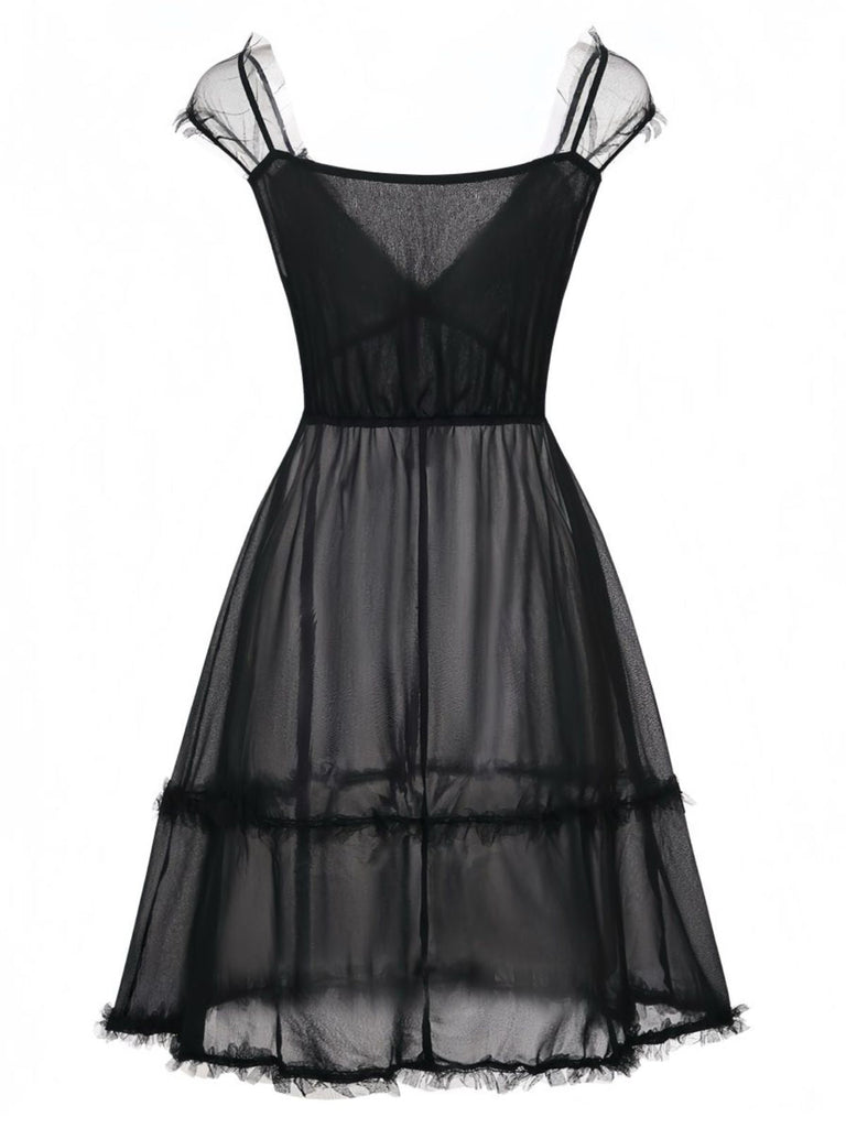 Schwarzes 70er Babydoll-Nachthemd mit Spitze