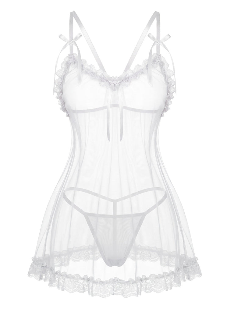 70er Babydoll-Nachthemd aus transparenter Spitze
