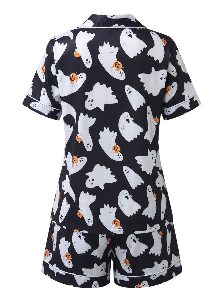 Schwarzer 50er Halloween-Pyjama mit Geisterprint