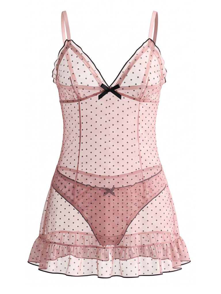 80er Mesh-Babydoll mit Punkten, Schleife und Rüschen