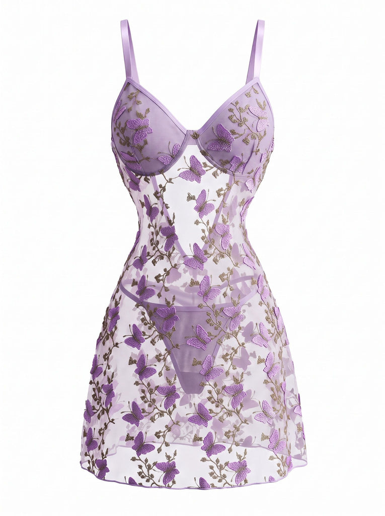 Lavendel 70er Netz-Nachthemd mit Stickerei und Schmetterling