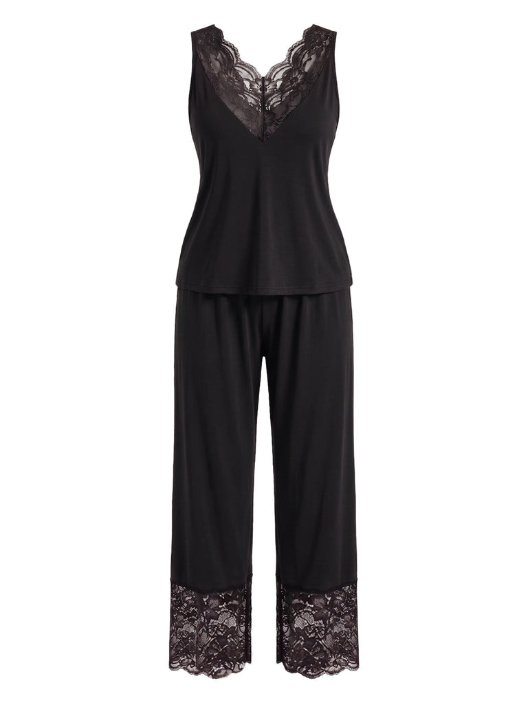 [Übergröße] 40er Pyjamaset aus ärmellosem Top & Hose mit Spitzenbesatz