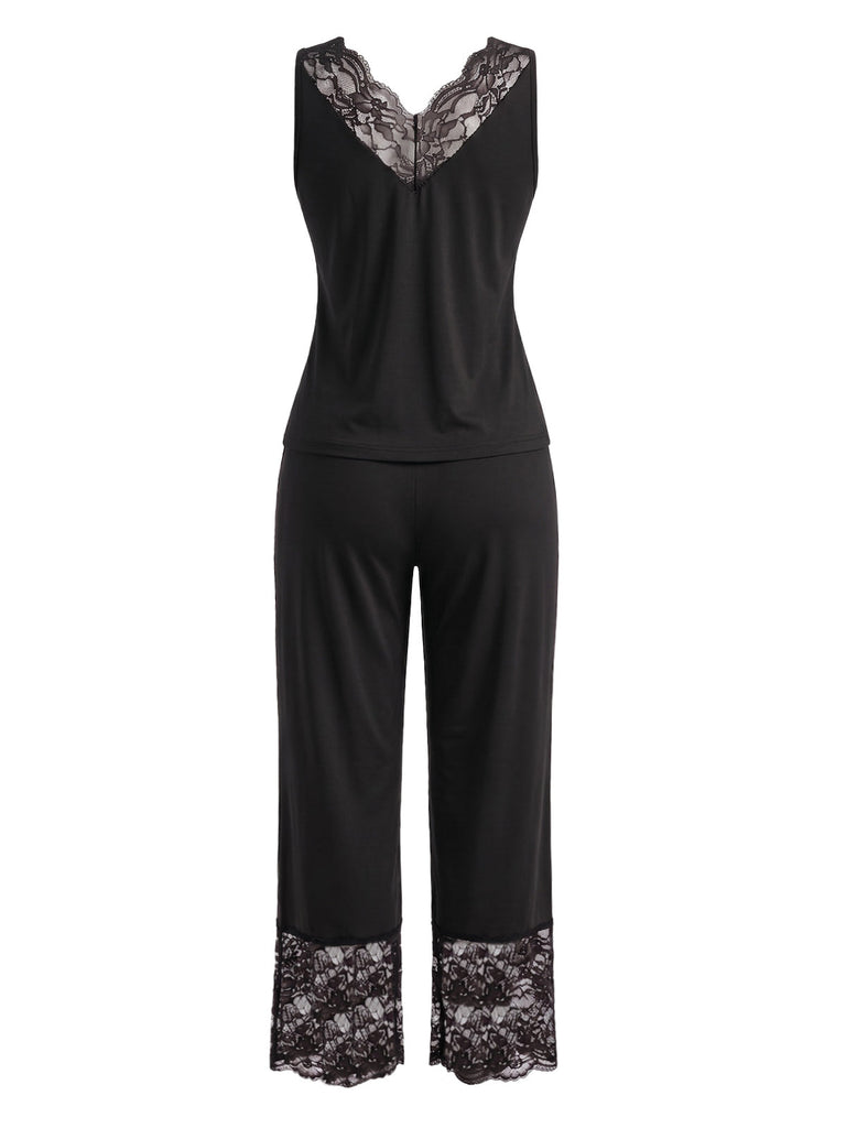 [Übergröße] 40er Pyjamaset aus ärmellosem Top & Hose mit Spitzenbesatz