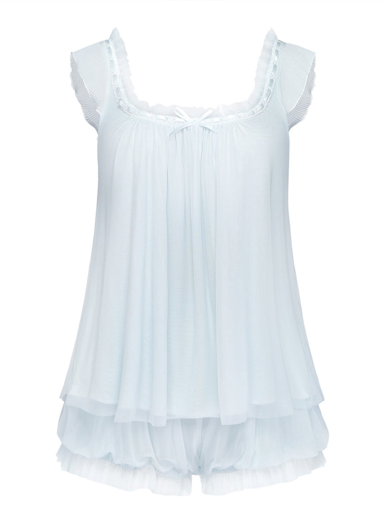 30er Cami-Pyjama-Set mit Rüschen und Flatterärmeln