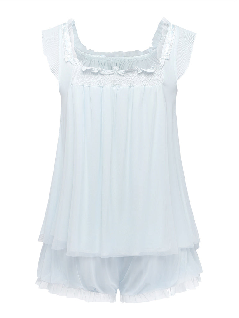 30er Cami-Pyjama-Set mit Rüschen und Flatterärmeln