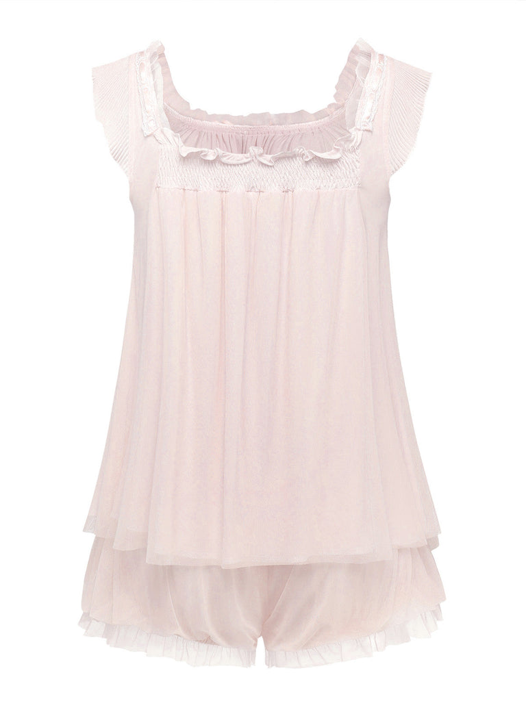 30er Cami-Pyjama-Set mit Rüschen und Flatterärmeln