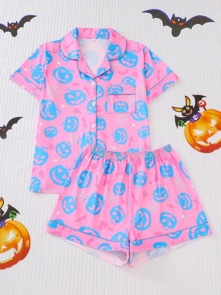 40er Halloween-Schlafanzug-Set mit Kürbis-Print und Kurzarm