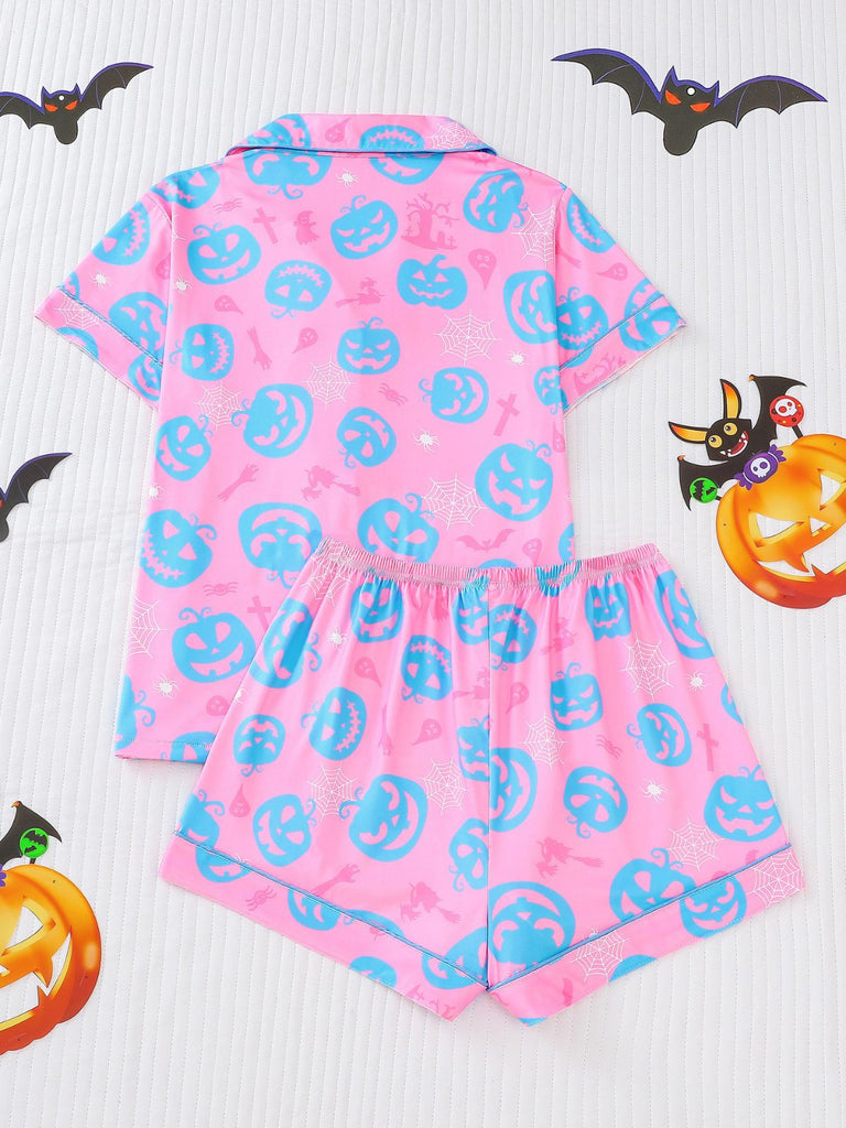 40er Halloween-Schlafanzug-Set mit Kürbis-Print und Kurzarm