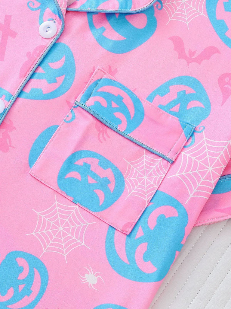 40er Halloween-Schlafanzug-Set mit Kürbis-Print und Kurzarm