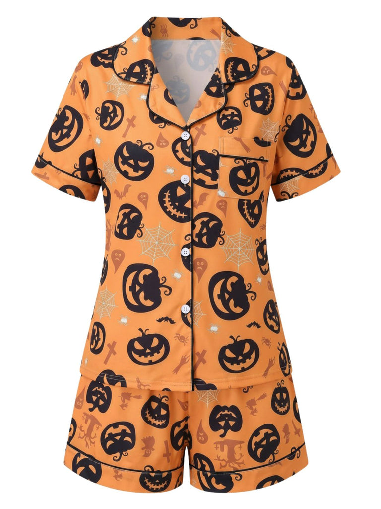 40er Halloween-Schlafanzug-Set mit Kürbis-Print und Kurzarm