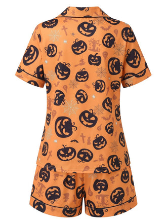 40er Halloween-Schlafanzug-Set mit Kürbis-Print und Kurzarm