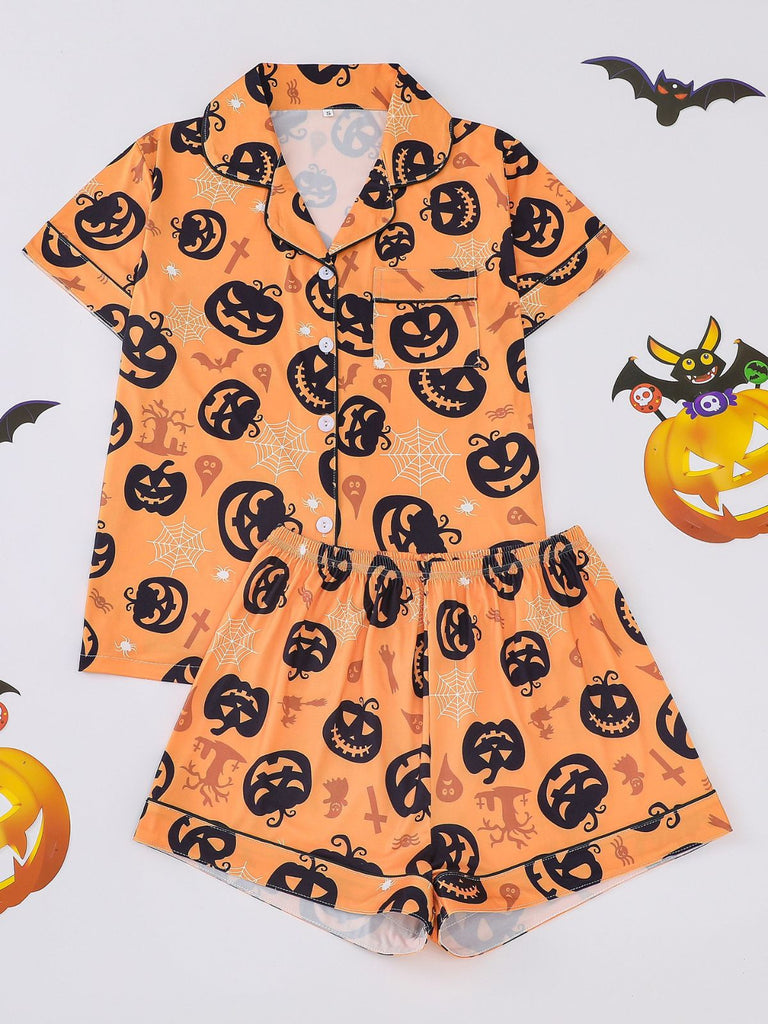 40er Halloween-Schlafanzug-Set mit Kürbis-Print und Kurzarm