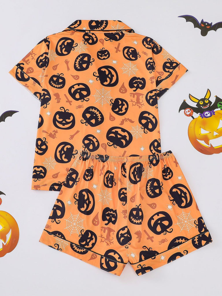 40er Halloween-Schlafanzug-Set mit Kürbis-Print und Kurzarm