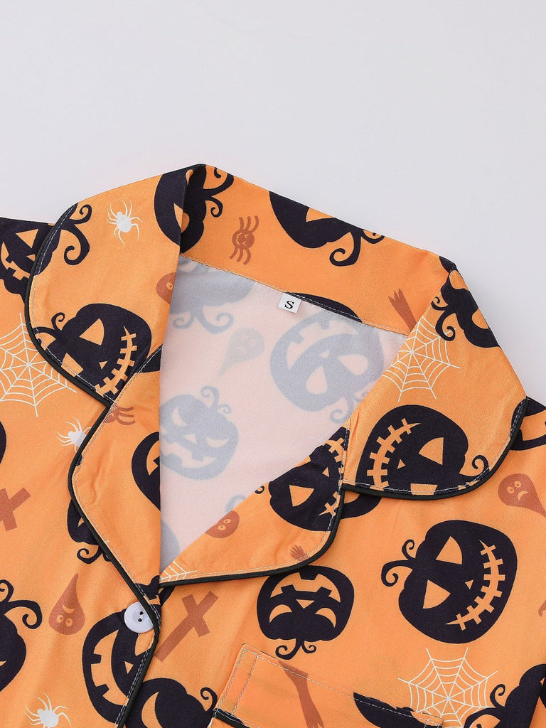40er Halloween-Schlafanzug-Set mit Kürbis-Print und Kurzarm