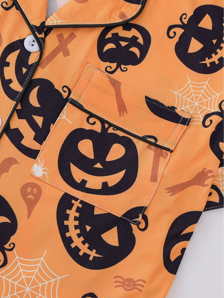 40er Halloween-Schlafanzug-Set mit Kürbis-Print und Kurzarm