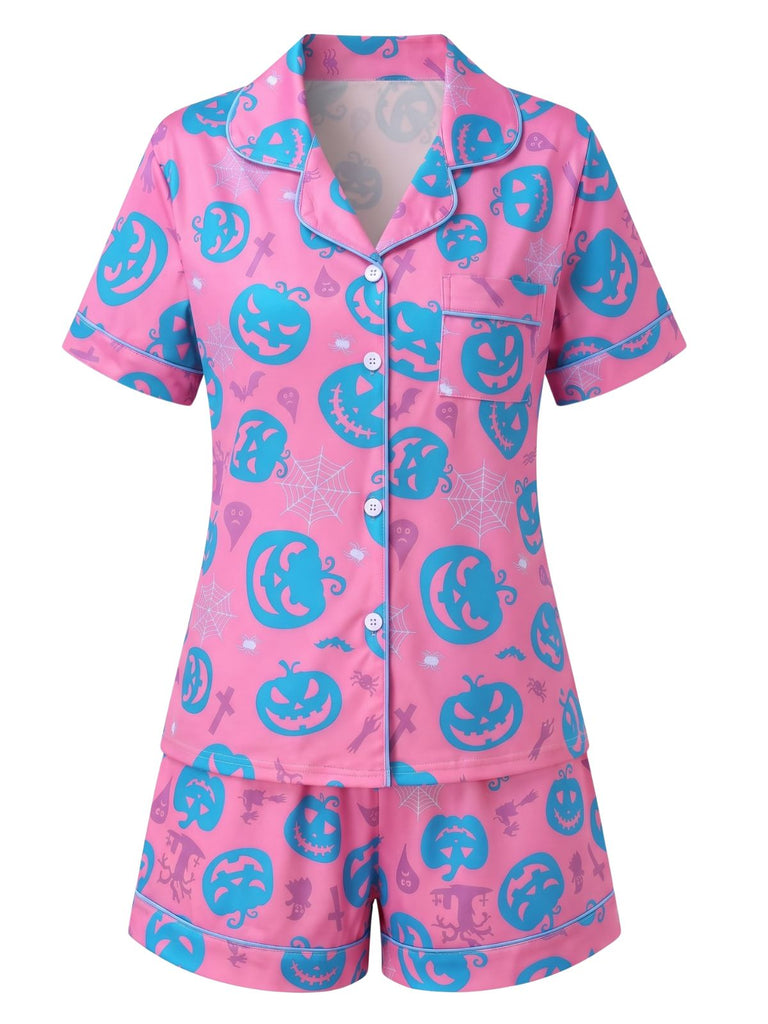 40er Halloween-Schlafanzug-Set mit Kürbis-Print und Kurzarm