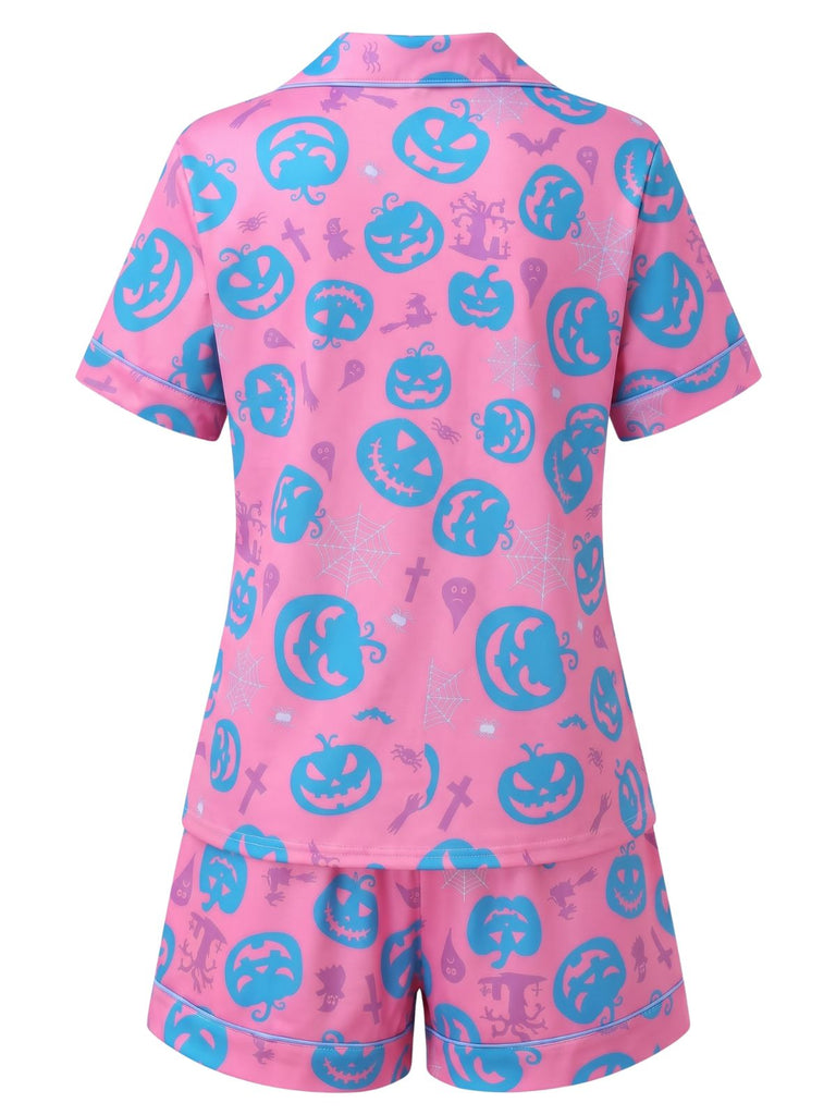 40er Halloween-Schlafanzug-Set mit Kürbis-Print und Kurzarm