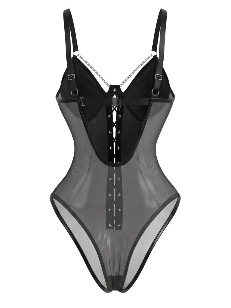 Schwarzer 70er Bodysuit aus Kunstleder mit Kettendetail und Schnürung