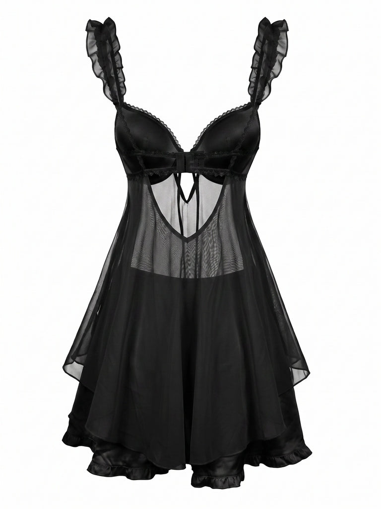 50er Babydoll-Negligé mit Rüschenbesatz und Schleife