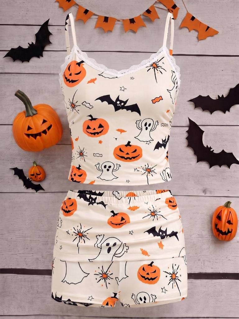 Halloween-Schlafanzug-Set mit Kürbis- und Geister-Print