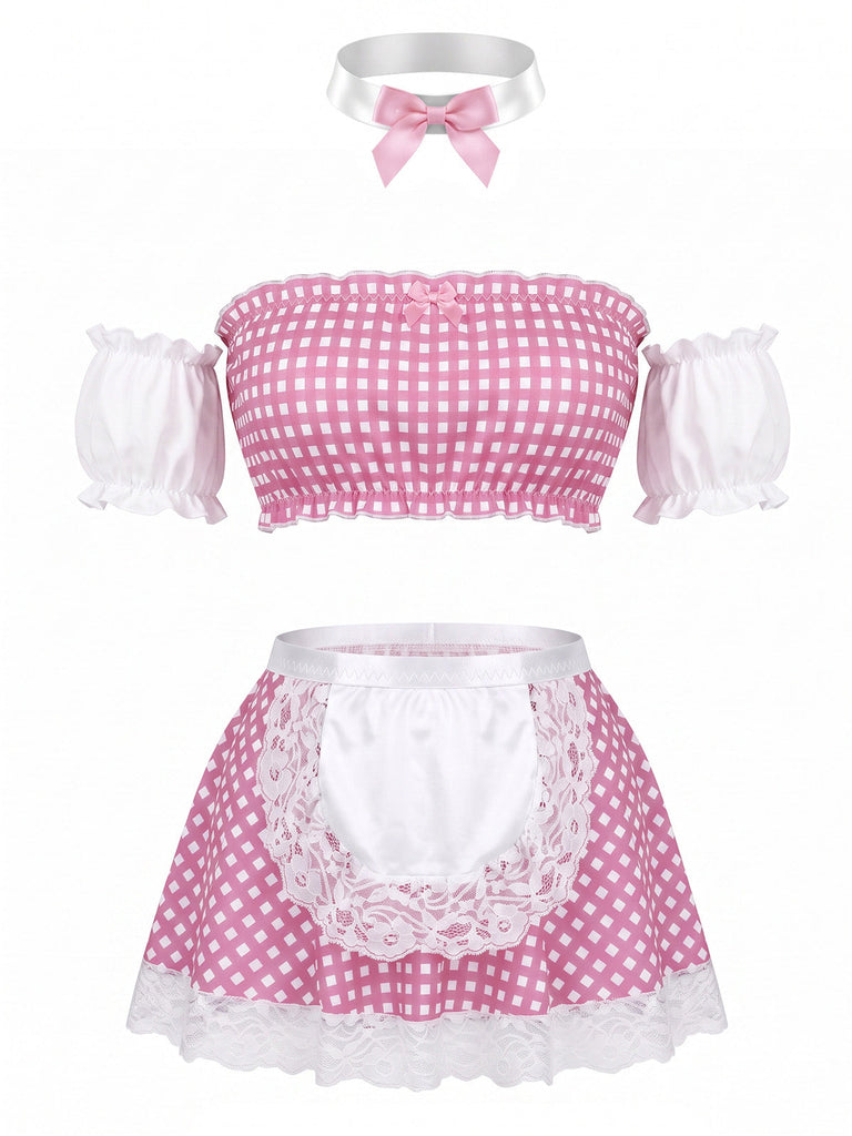 50er Trägerloses Dessous-Set mit Gingham und Spitze