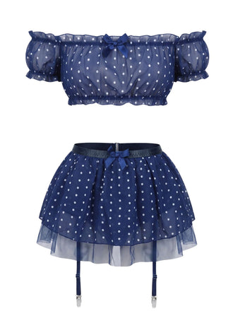 50er schulterfreies Dessous-Set mit Polka-Dots und transparent