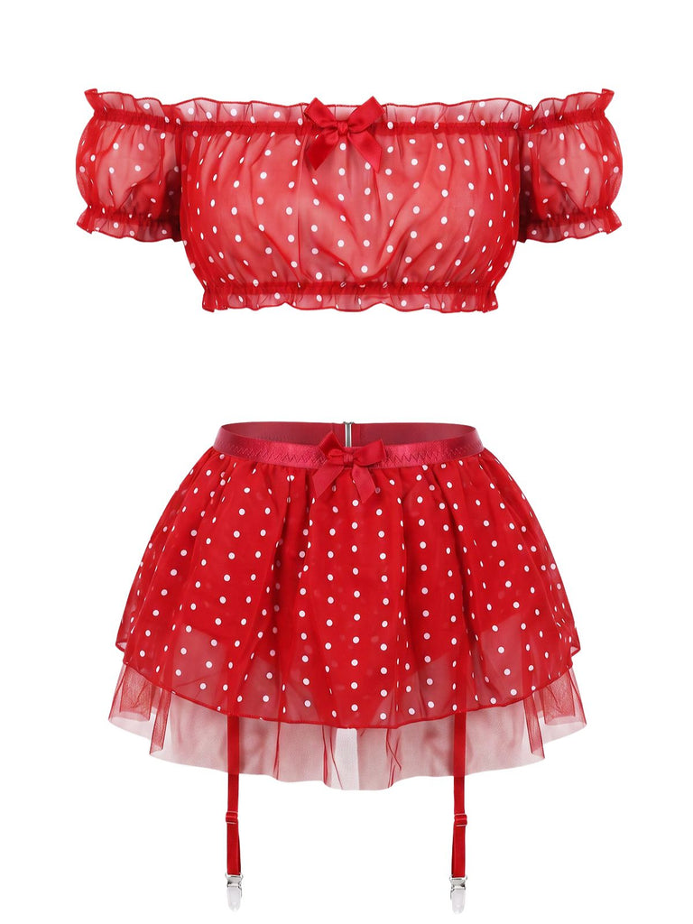 50er schulterfreies Dessous-Set mit Polka-Dots und transparent