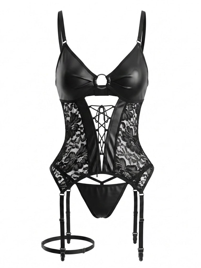 Schwarzes 60er Kunstleder-Dessous-Set mit Spitze