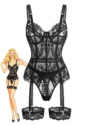70er Dessous-Set mit Strumpfhalter-Teddy aus Blumenspitze