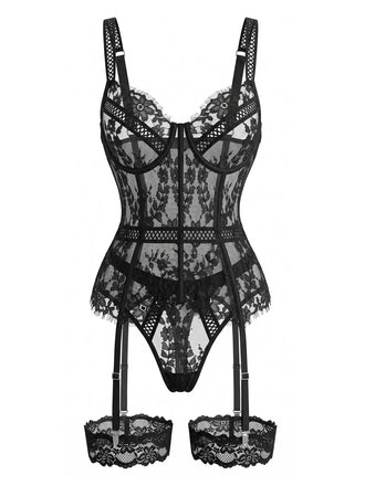 70er Dessous-Set mit Strumpfhalter-Teddy aus Blumenspitze