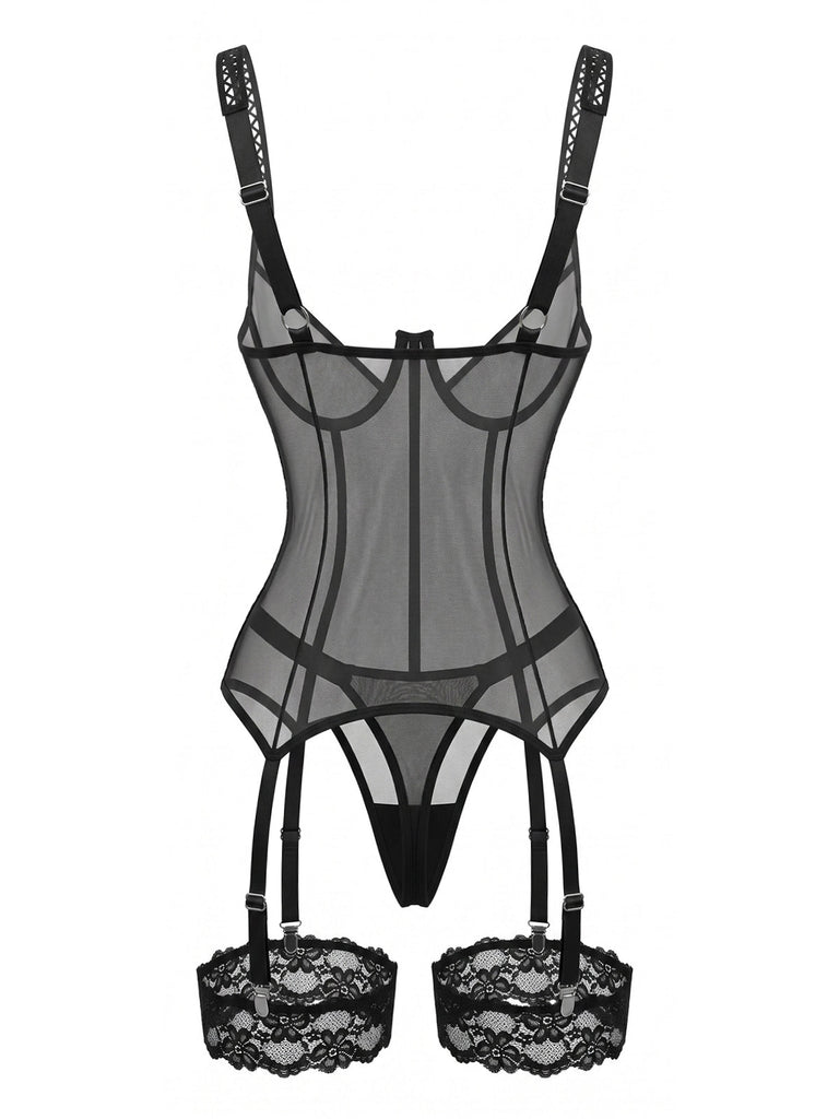 70er Dessous-Set mit Strumpfhalter-Teddy aus Blumenspitze