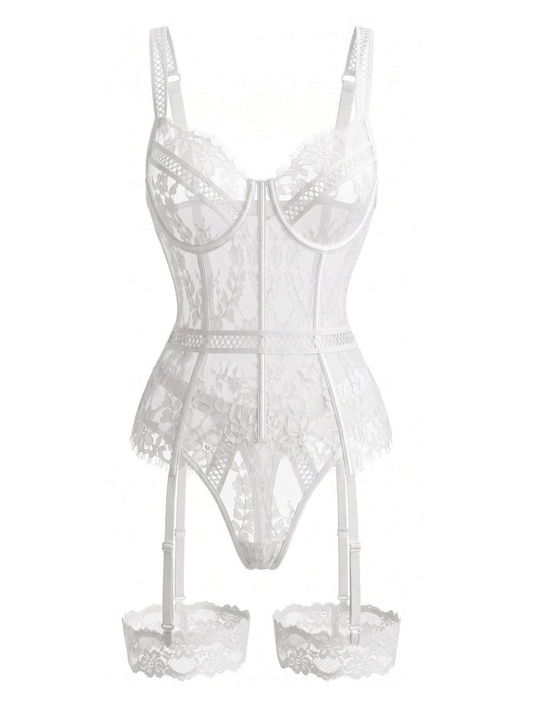 70er Dessous-Set mit Strumpfhalter-Teddy aus Blumenspitze