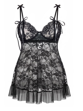 [Übergröße] Schwarzes 50er Spitzen-Babydoll mit Schleifenträgern