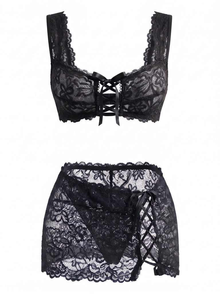 50er Dessous-Set aus floraler Spitze mit Schnürdetails
