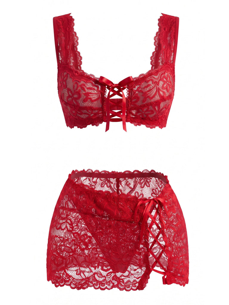 50er Dessous-Set aus floraler Spitze mit Schnürdetails