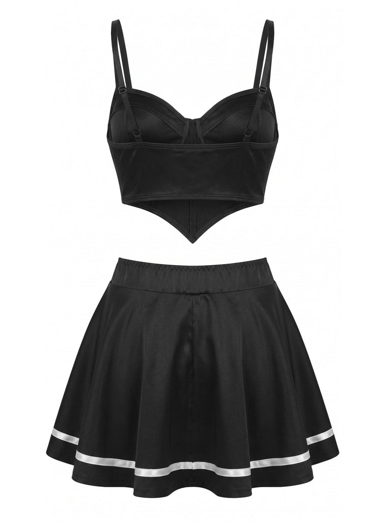 50er Pyjama-Set aus Spaghettiträgertop und Rock mit Colorblocking und Schleifen