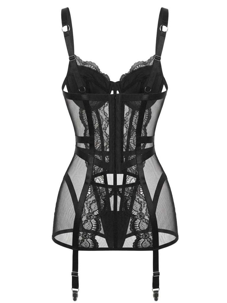 50er Dessous-Set mit transparenter Spitze und Strumpfhalter-Chemise