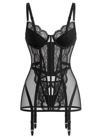 50er Dessous-Set mit transparenter Spitze und Strumpfhalter-Chemise