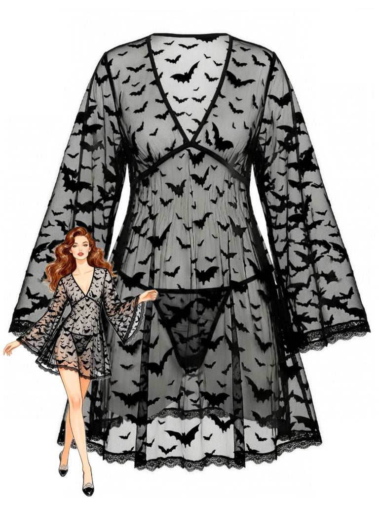 60er Halloween Netz-Morgenmantel mit Fledermaus-Print