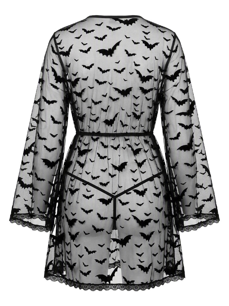 60er Halloween Netz-Morgenmantel mit Fledermaus-Print
