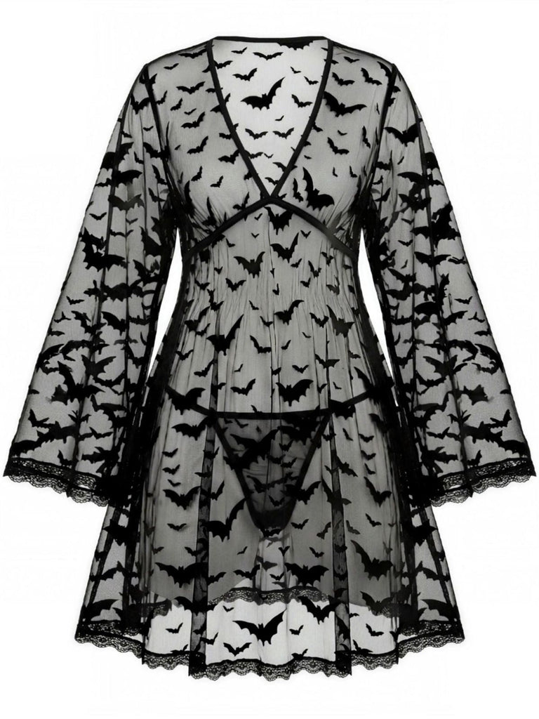 60er Halloween Netz-Morgenmantel mit Fledermaus-Print