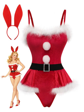 Roter 60er Weihnachts-Dessousbody aus Samt mit Kunstfellbesatz