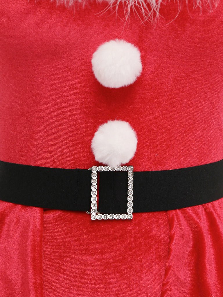 Roter 60er Weihnachts-Dessousbody aus Samt mit Kunstfellbesatz