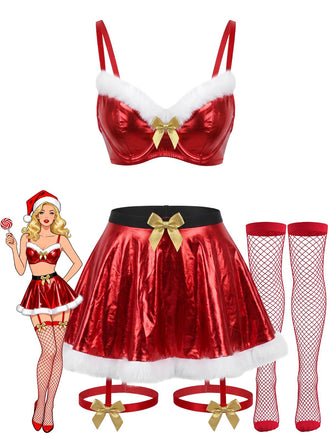 Rotes 50er Metallic-Weihnachtsdessous-Set mit Fellbesatz und Schleifen