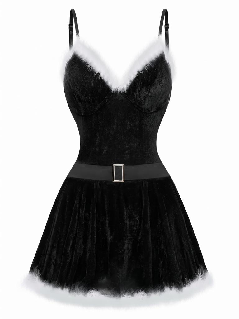 50er Weihnachts-Samtnachtkleid mit Spaghettiträgern, Flauschbesatz und Gürtel