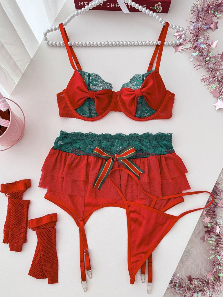 Rotes 50er Weihnachts-Dessous-Set mit Spitze und Strumpfhaltern