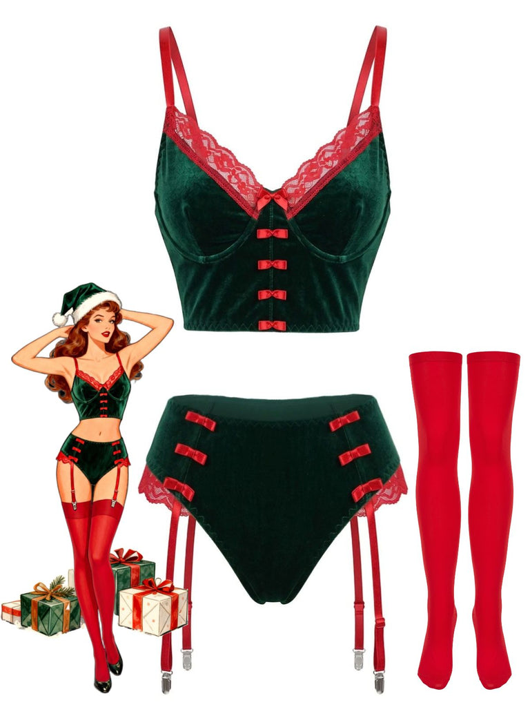 Grünes 60er Weihnachts-Samtdessous-Set mit Spitze, Schleifen und Strumpfhaltern