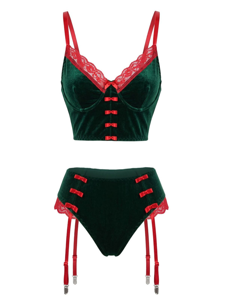Grünes 60er Weihnachts-Samtdessous-Set mit Spitze, Schleifen und Strumpfhaltern