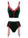 Grünes 60er Weihnachts-Samtdessous-Set mit Spitze, Schleifen und Strumpfhaltern